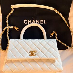 White Quilted Genuine Caviar Leather Handbag 23cm
